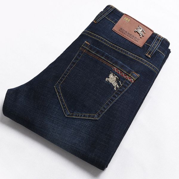 

mens designer middle waist straight jeans large size youth stretch four seasons, Blue