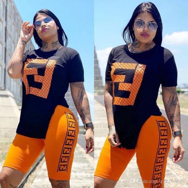 

classic outfits women letter print short sleeve t shirt +tight shorts suits casual tracksuits two piece sets sports suit summer jogging suit, Gray