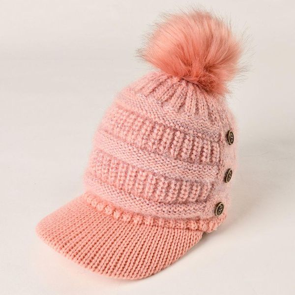 

women solid color button pompom knitted hat winter warm crochet peaked cap gift