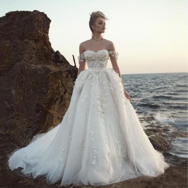 

off shoulder detachable train beach wedding dresses 3d floral appliques backless a line tulle bridal gown beach robe de mariee bc1479, White