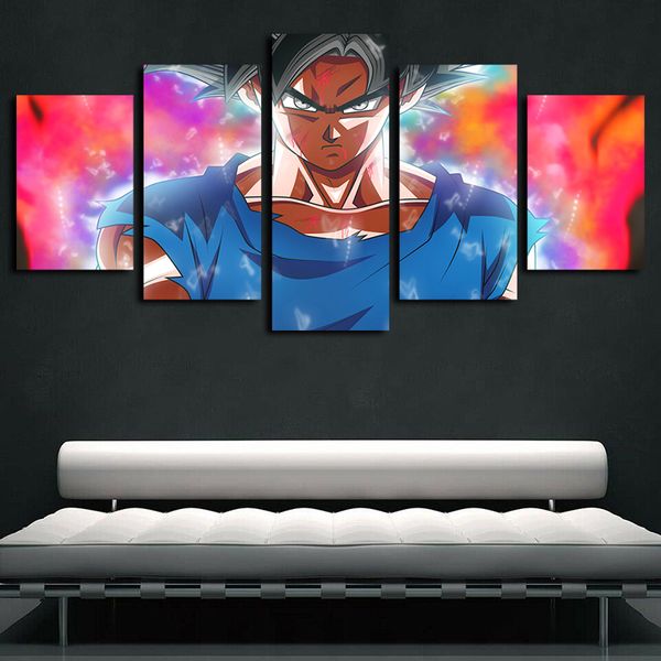

5 panels anime goku dragon ball z super blue saiyan artworks canvas wall art for kid home decor poster canvas print oil painting