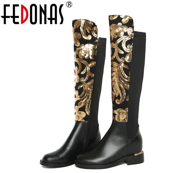 

fedonas embroidery quality knee high boots women genuine leather shoes woman knee winter boots comfortable warm long, Black
