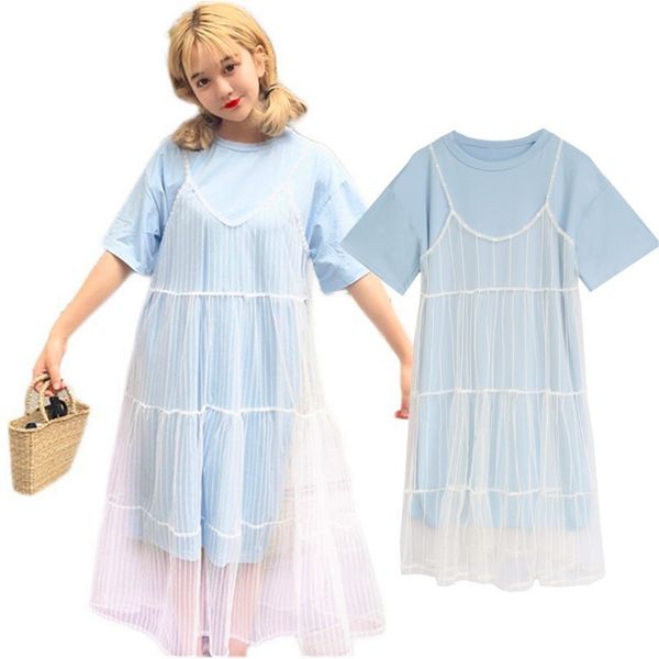 

summer 2 piece set korean women long shirt dress splicing pleated tulle sling mesh dresses suit bohemian beach sundress s-xl, White