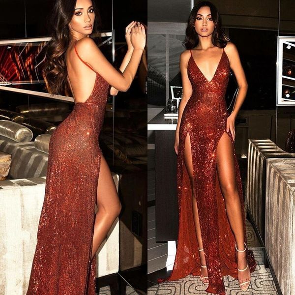 

2019 dark red prom dresses long sequined spaghetti straps v neck high side split evening gown vestidos de fiesta bc0466
