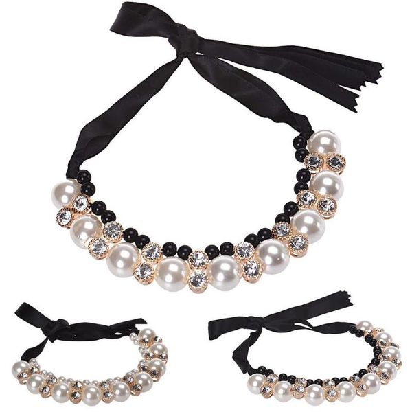 

double row adjustable band chain rhinestone pearls necklace, Silver