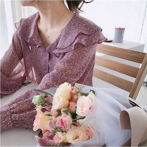 

oh so beautiful flower print chiffon shirt double ruffles collar puff sleeve women blouse chemisier femme camisa mujer, White