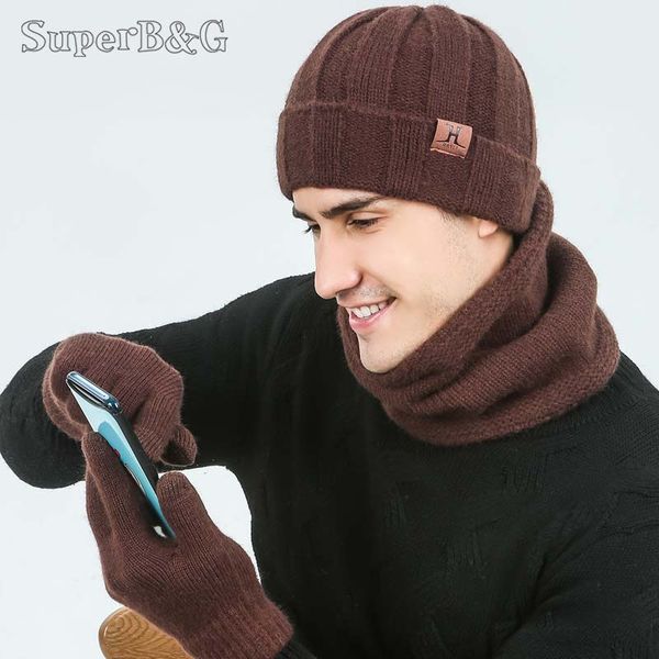

2019 fashion men winter hat scarf gloves set knit solid color warm beanies plus velvet thick ring scarf touch screen gloves, Blue;gray