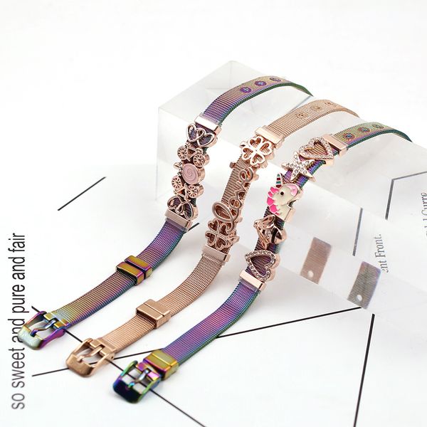 

seialoy colorful stainless steel mesh charm bracelets for women men water queen bee unicorn beaded watch belt bracelet bangle, Golden;silver