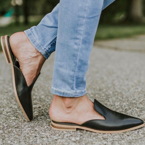 

vertvie leather women low heel slippers fashion mule shoes pointed toe slides patchwork sandal ladies zapatos mujer 2019, Black