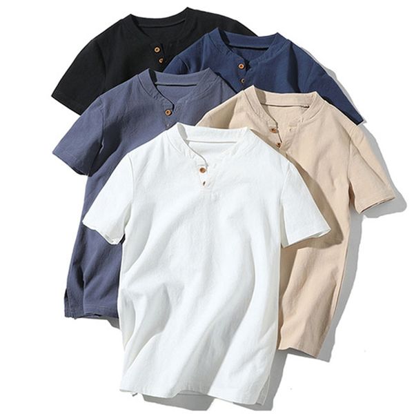 

mjartoria men cotton linen t-shirt man 2019 summer solid casual t-shirts men t shirts male v-neck short sleeve tees plus size, White;black