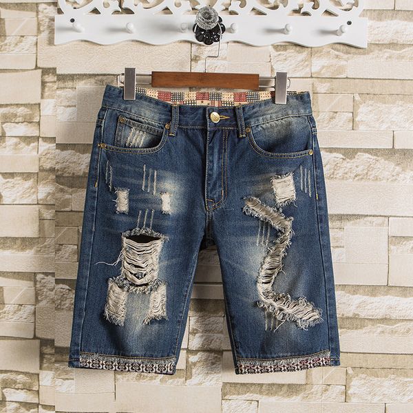 

mens ripped short jeans brand clothing bermuda cotton shorts breathable denim shorts male new fashion size 28-40, Blue