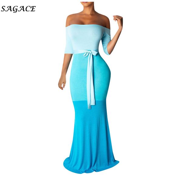 

sagace платье женщин сплошной sexy с плеча бинт лоскутная половина рукава длинный длиной до пола платье лето осень разрез шеи платье, Black;pink
