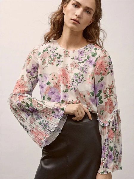 

french women shirts flower printing butterfly sleeve blouses, White