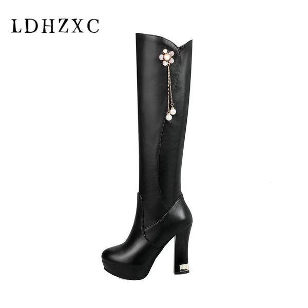 

ldhzxc 2019 new women knee high boots platform elegant casual round toe winter shoes women motorcycle boots plus size 11 9 12, Black