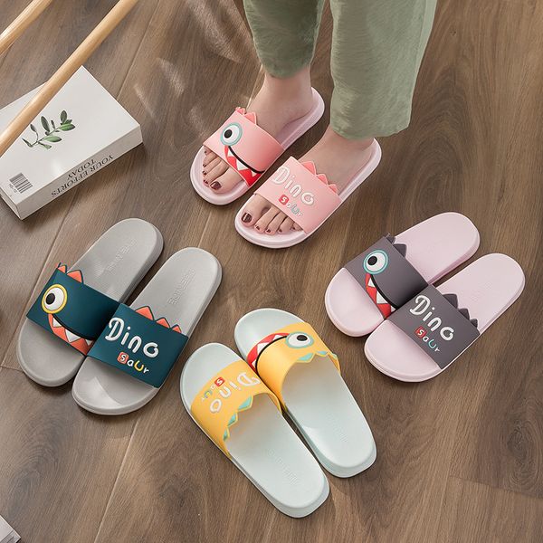 

women indoor slippers non slip soft sole peep toe funny cute dinasour bathroom shower slides home ladies shoes men couple, Black