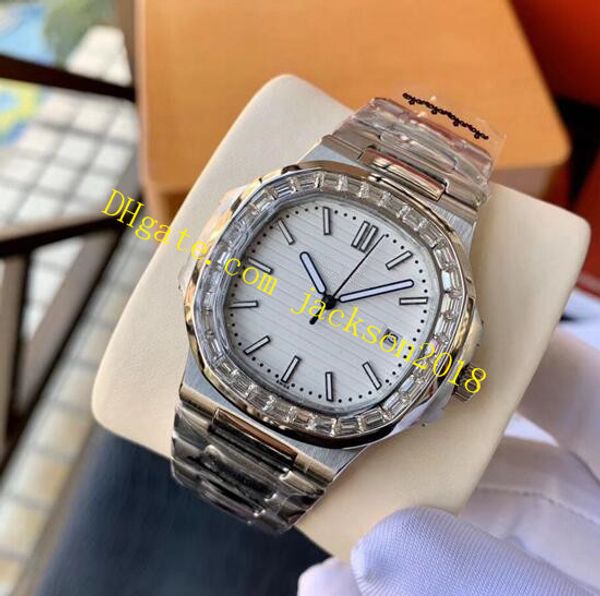 

новые версии 18k белое золото nautilus 5711 багет алмазный часы сталь 316l браслет 40мм автоматическая мужская мода мужские часы швейцарские, Slivery;brown