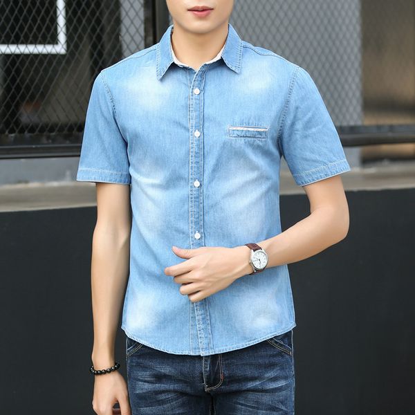 

men's short-sleeved denim shirt male casual korean style turn-down collar denim shirts soft cotton slim jeans cowboy d0431, White;black