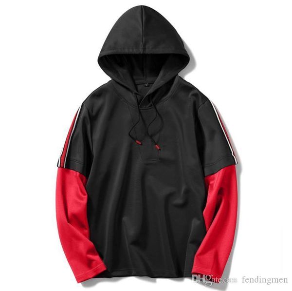 

fake two piece mens designer hoodie fashion contrast color long sleeve drawstring loose hoodies casual teenagers hoodie, Black