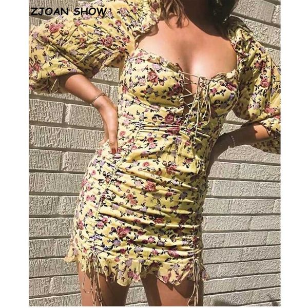 

2019 yellow floral print summer dress ruffle detail long sleeves mini short dress for women tie neckline party dresses, Black;pink