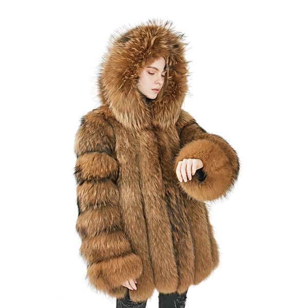 

elegant raccoon fur coat women winter casual warm luxury real fur coat 2019 fashion fluffy female hooded jacket overcoat, Black