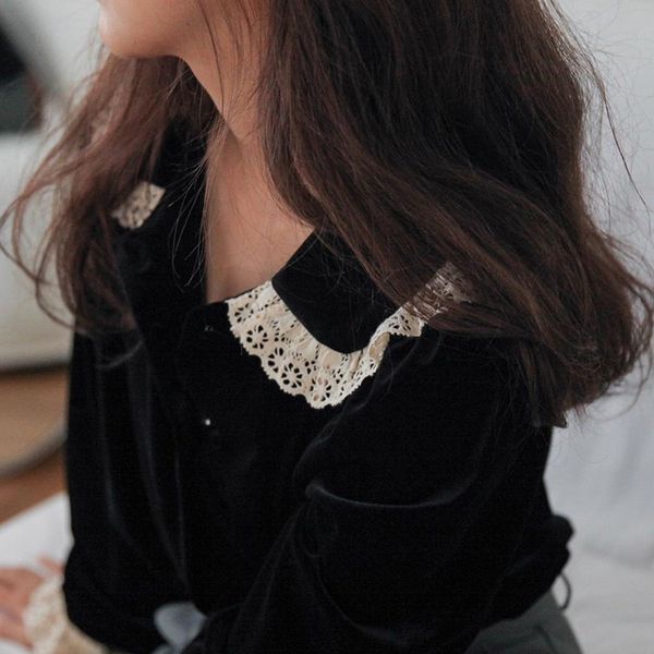 

so sweet black velours blouse lace hem kawaii vintage shirt women autumn chemise femme chemisier blusa mujer camisa, White