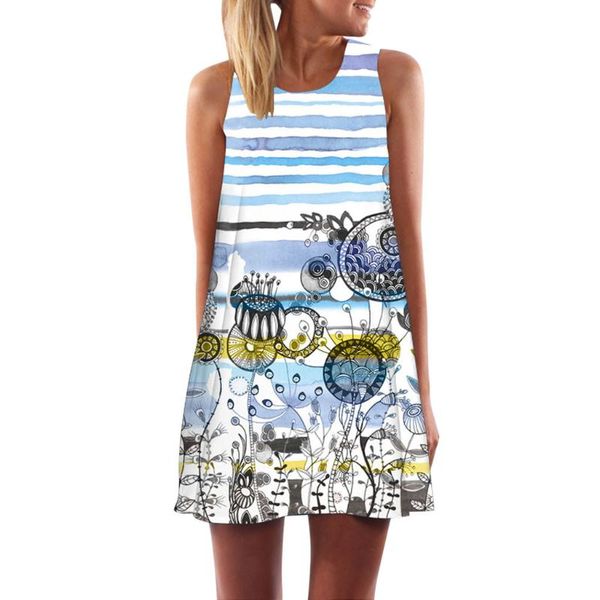 

women cartoon print beach dress skirt fashion summer casual sleeveless beach printed short above knee o-neck mini dress #lr3