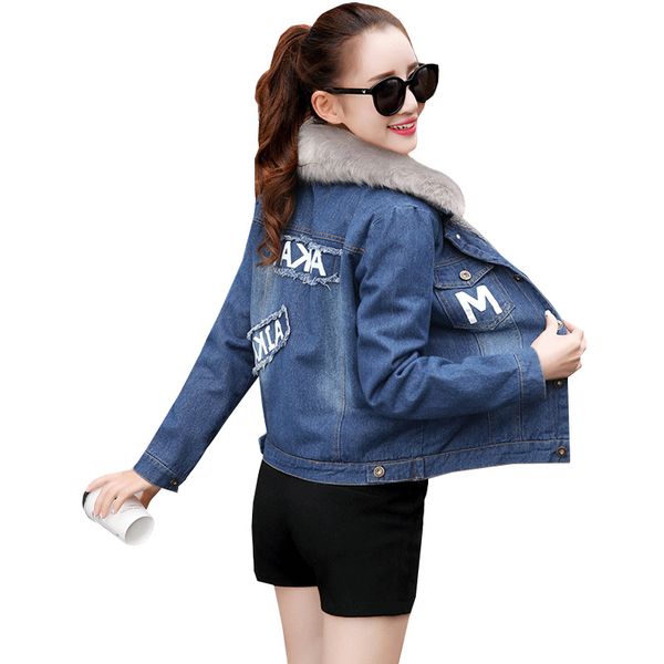 

2019 new style korean-style loose and plus-sized students fat mm brushed and thick fur collar lambs wool jeans coat women's, Blue;black