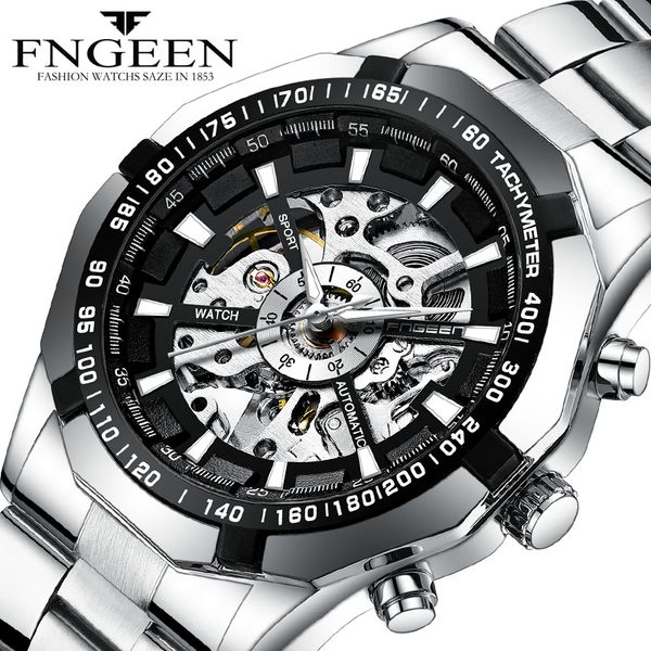 

fngeen brand silver luxury stainless steel mens skeleton watches transparent mechanical male wrist watch masculino relogio, Slivery;brown