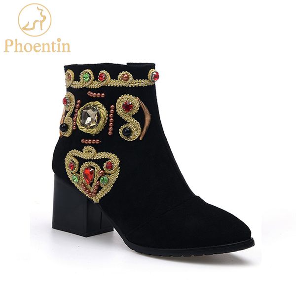 

phoentin black ankle boots woman with zip string bead crystal booties kid suede square high heels boots women ethnic shoes ft493
