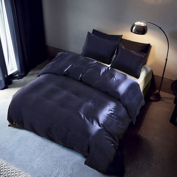 

2pcs/3pcs nordic style silk bedding set  king size satin grey quilt solid color set simple comfortable beautiful bedclothes