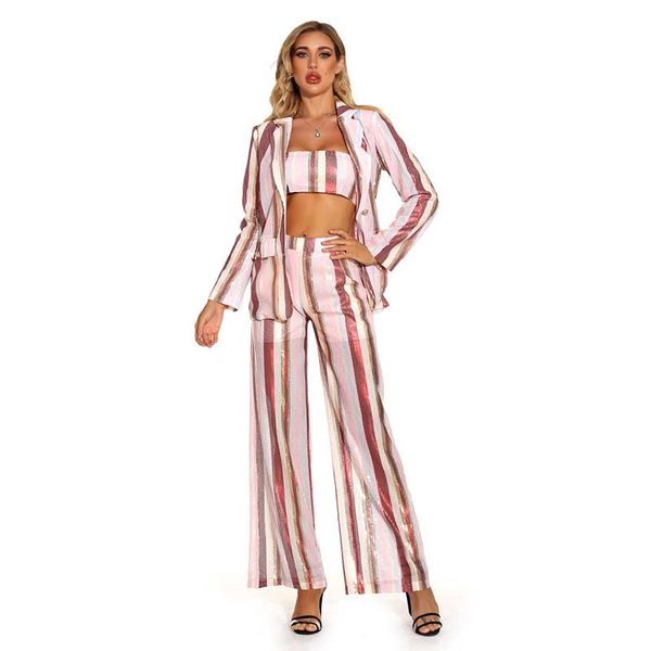 

two piece dress wholesale 2021 3 set pink sequins long sleeve trousers three-piece suit celebrity party, White