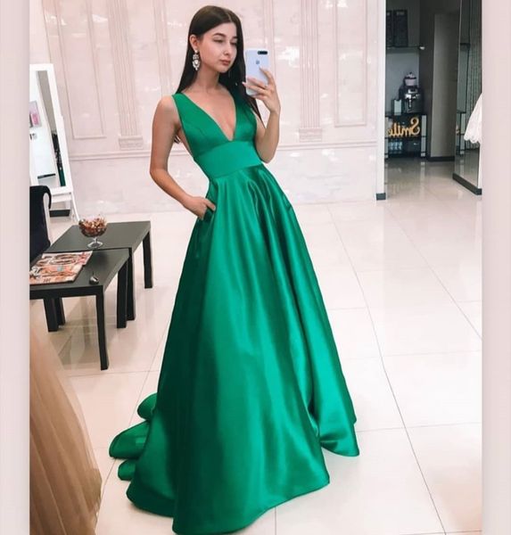 

merald green prom dress deep v neck long evening gown a line prom party formal gowns, Black;red