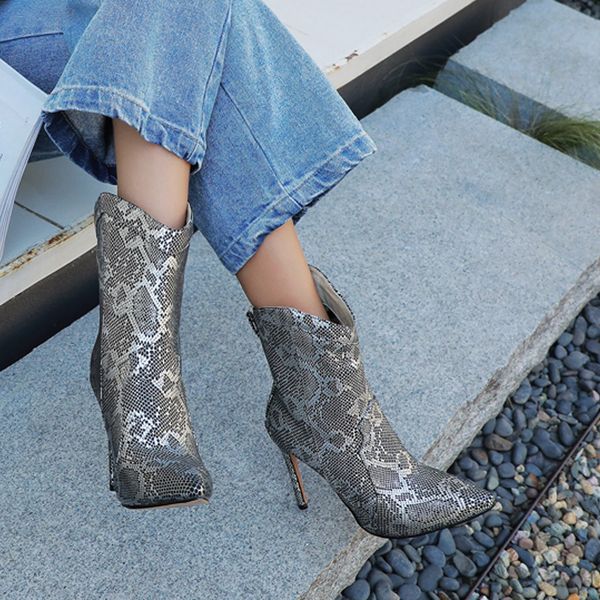 

shoes woman pointed snake pattern booties boots ladies high-heeled boots fashion zapatos de mujer #3s, Black