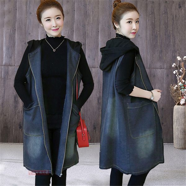 

plus size denim jacket sleeveless vest coat spring and autumn large size loose waistcoat for women long hooded outerwear f1549, Black;white
