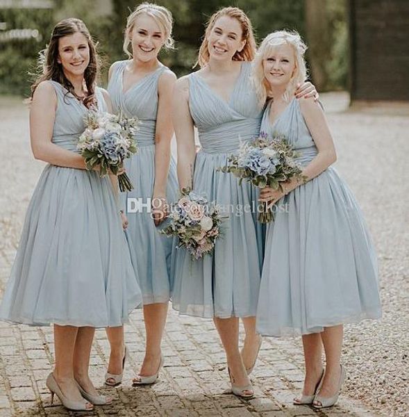 

plus size country style beach short bridesmaid dresses v neck tea length pleats chiffon wedding guest dress maid of honor gowns cheap, White;pink