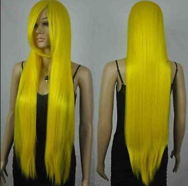 WIGWBY fibra Sintética rainha cabelo Longo Brilhante Amarelo Reta direto Bangs Role Play Cabelo Fibra Cosplay Peruca Anime