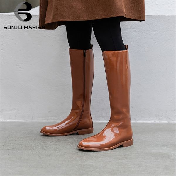 

bonjomarisa new elegant patent pu knee high boots women 2019 autumn large size 33-42 brand design boots low heel shoes woman, Black