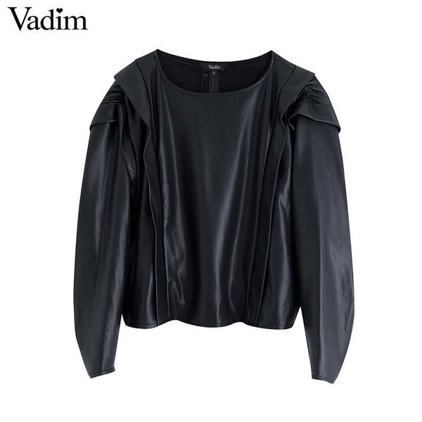 

vadim женщины шикарные pu кожаные черные блузки оборки плиссированные рукава o шеи рубашки женская стильная вскользь tops blusas lb721, White