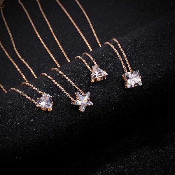 

female square heart geometric pendant necklaces cute zircon bride wedding necklaces for women party jewelry birthday gift, Silver