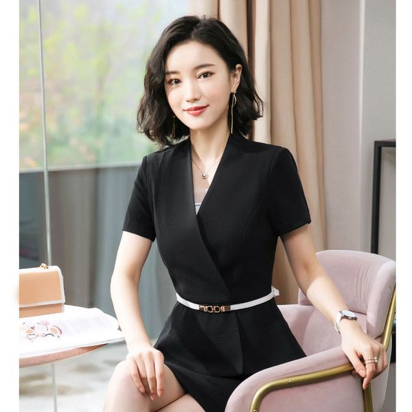 

women's suit office lady ol style solid color blazer + skirt suit elegant v-neck two piece set with belt new 2019 summer, White;black