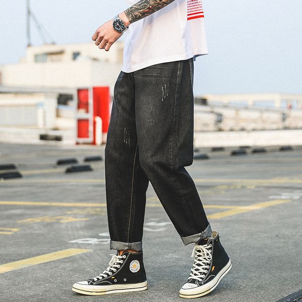 

new 2019 fashion baggy jeans man dark black color hiphop loose skateboard men jeans trousers, Blue
