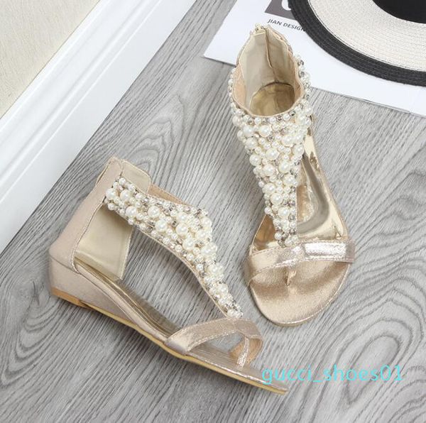 

лето 2020 новые стили европейской и американской моды жемчужного клин сандалия бифштексы середины пятка для женщин g01, Black