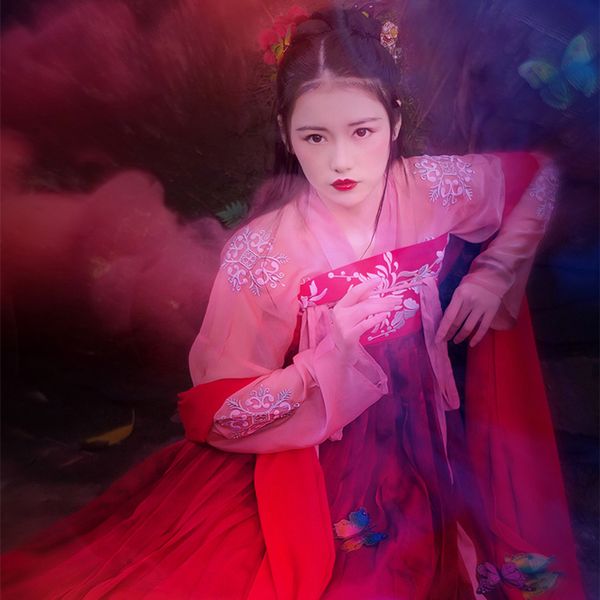 

chinese traditional women hanfu red folk dance clothing tang dynasty ancient costume hanfu dress fairy princess dresses dqs1639, Black;red