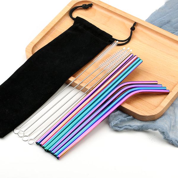 

6/8 pcs reusable metal drinking straw stainless steel sturdy bent straight drinks straws with cleaner brush party bar accessory