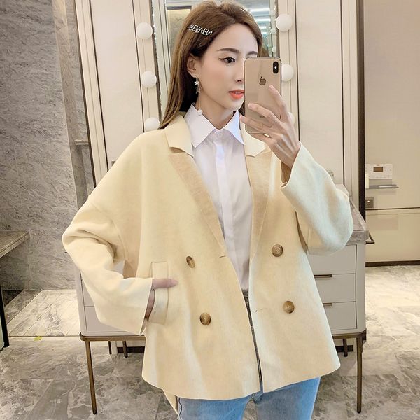 

2019 new england style women wool blends loose slim wind double coat coats outerwear green yellow apricot 7063, Black