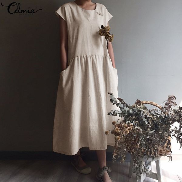 

celmia 2019 summer vinatge women pleated linen long shirt dress casual short sleeve loose maxi vestidos robe plus size sundress, Black;gray