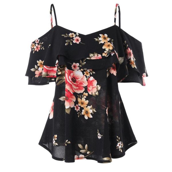 

summer 2018 womens and blouses chiffon tunic floral print cold shoulder shirts layered spaghetti strap women clothes, White