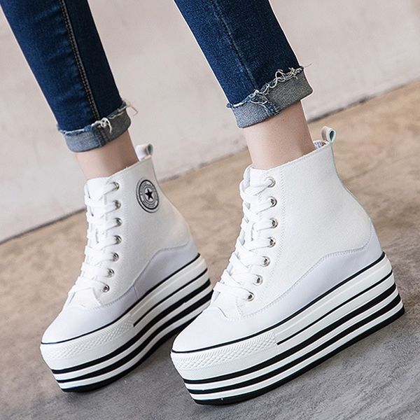 

new female high-sneakers wedges vulcanized canvas shoes fashion woman platform shoes height increasing casual b23-27, Black