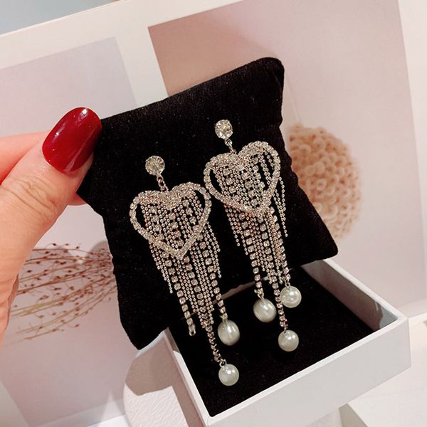 

ladies party earrings long tassel pendant earrings for women heart shape s925 super shiny ear studs, Silver