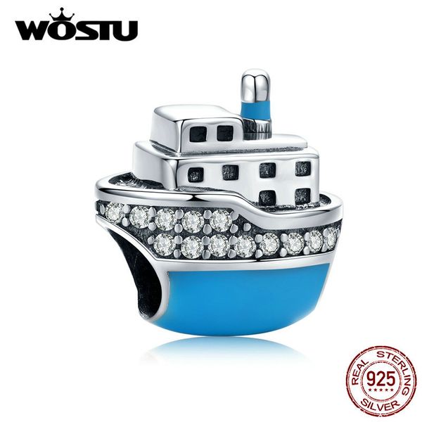 

wostu 925 sterling silver travel cruise ship синего бисер циркон подвеска fit оригинальный браслет ожерелье роскошные ювелирные изделия cqc1, Blue;slivery